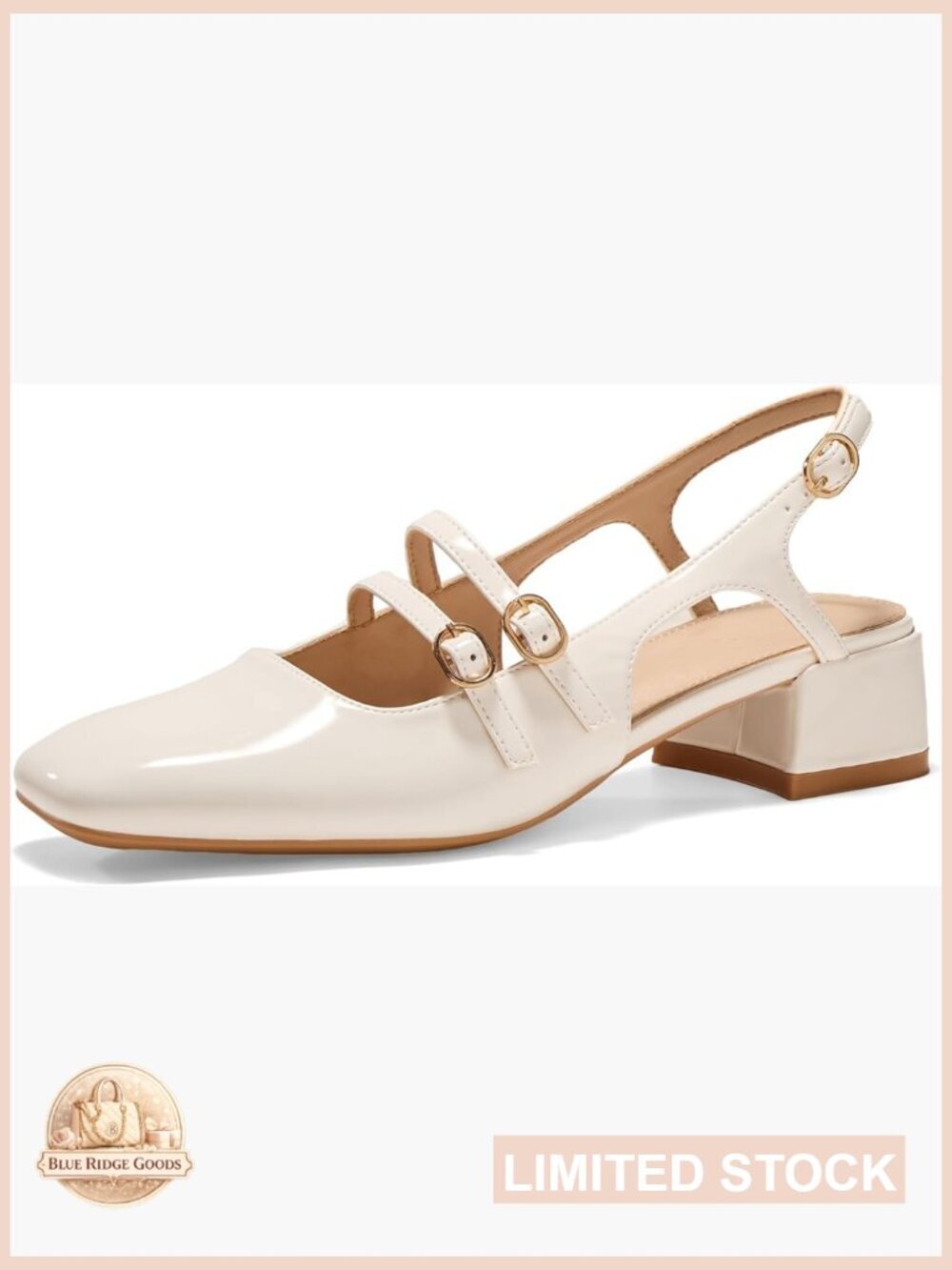 Low Block Heels Slingback Pumps Square Toe Double Strap Chunky Heel Wedding